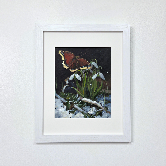 Snowdrops Greeting the Mourning Cloak Butterflies framed acrylic painting