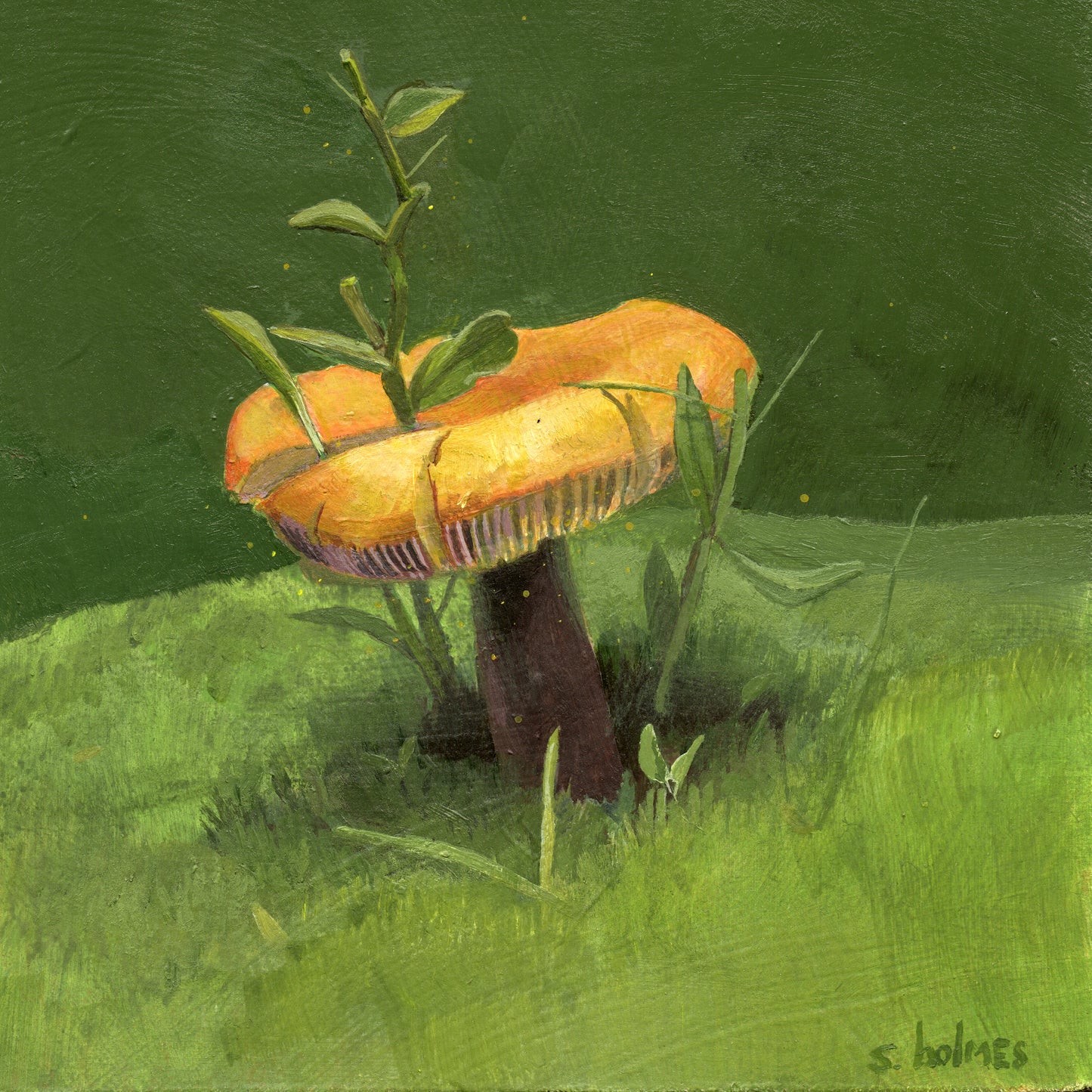 An art print featuring a golden wax cap mushroom in a grass field.