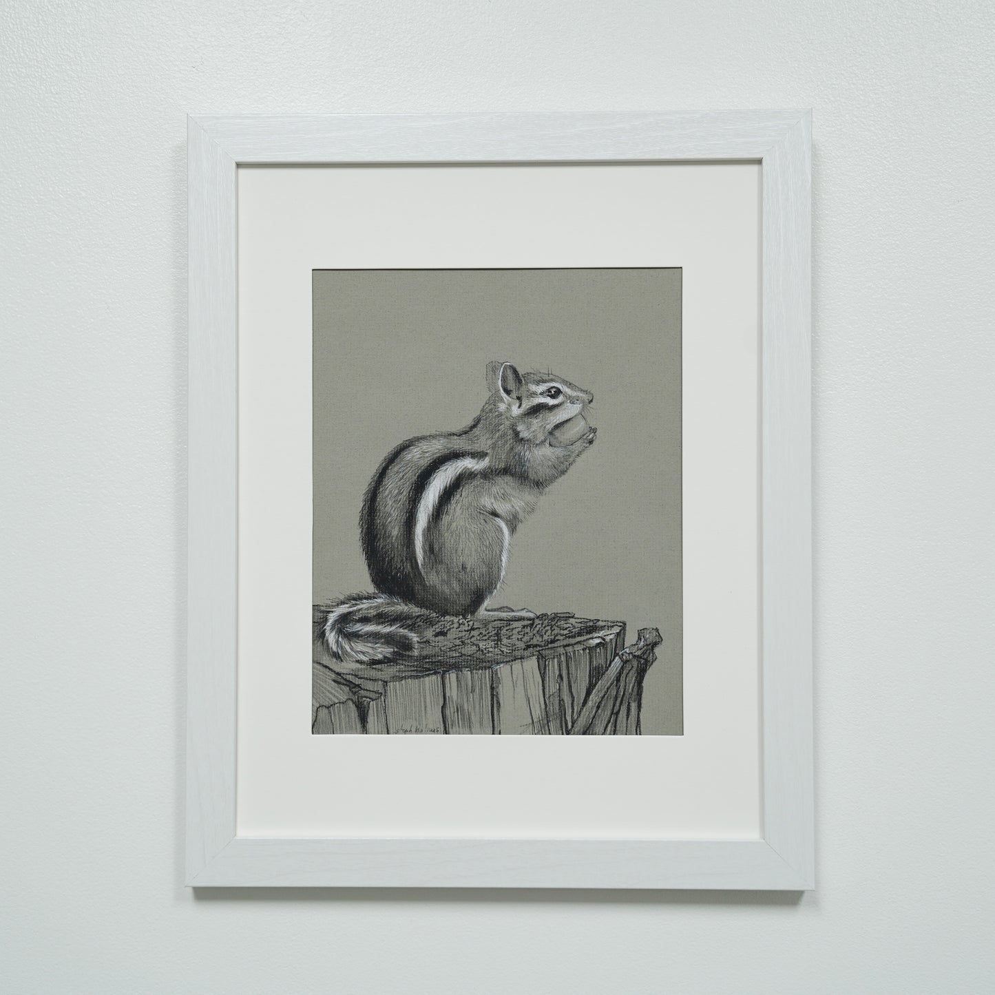 Chipmunk on Stump original charcoal drawing