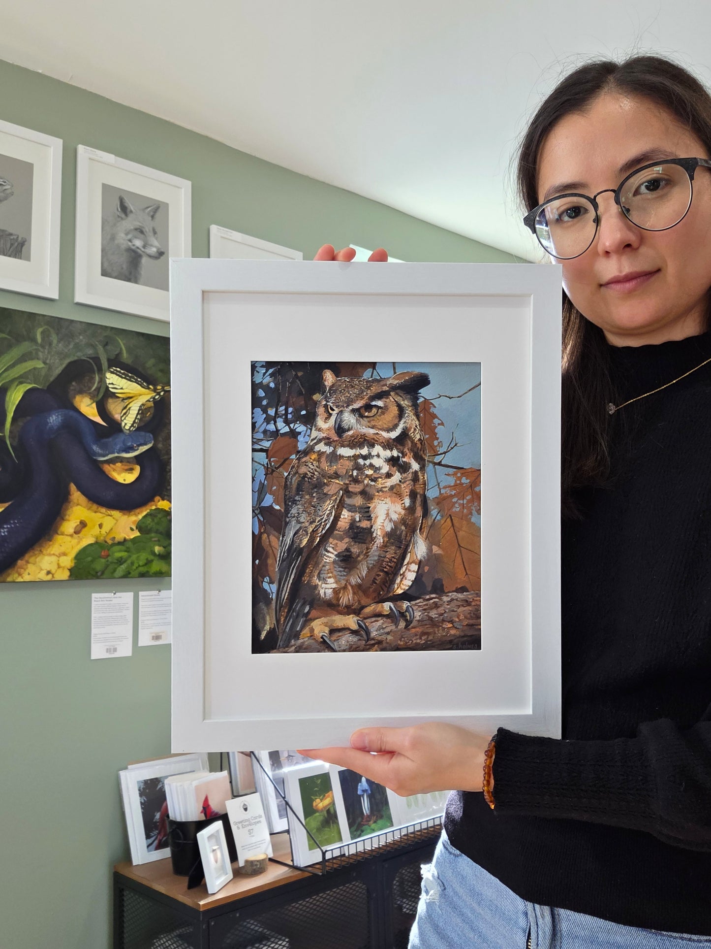 December in Great Horned Owl’s Tree framed acrylic painting