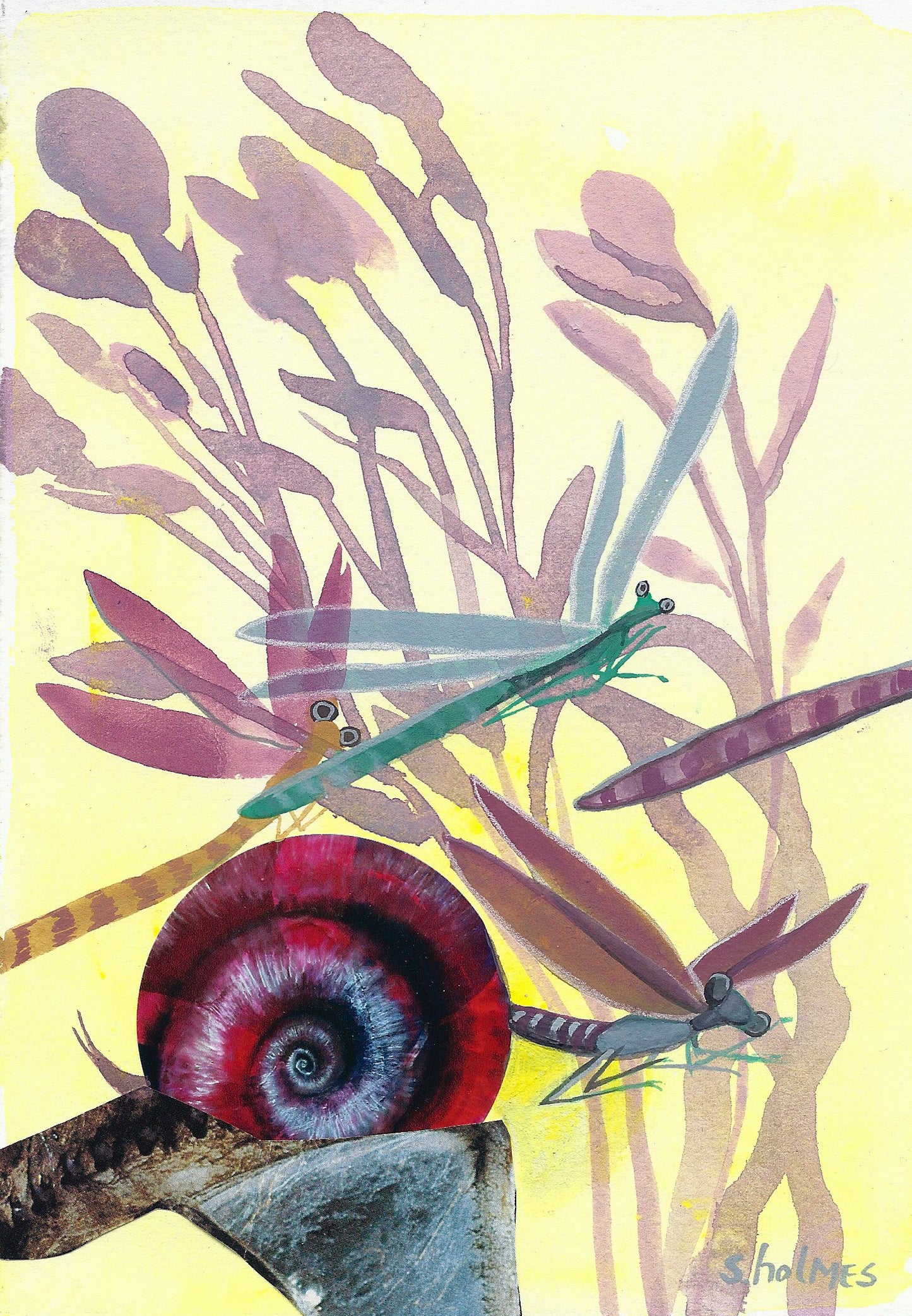 A yellow and purple painting featuring a snail and a swarm of dragonflies.