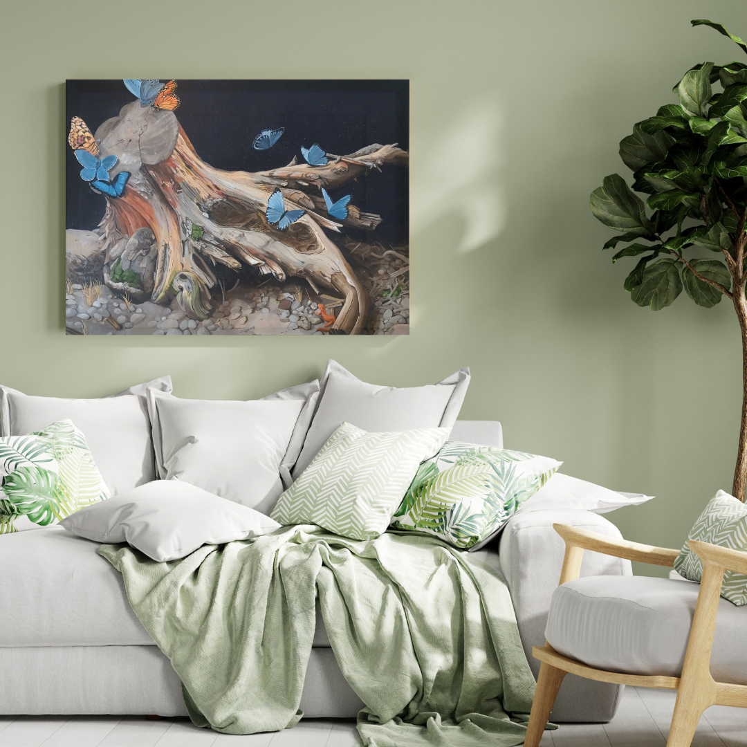 An acrylic painting by Steph Holmes featuring butterflies and a fallen tree on a green wall.