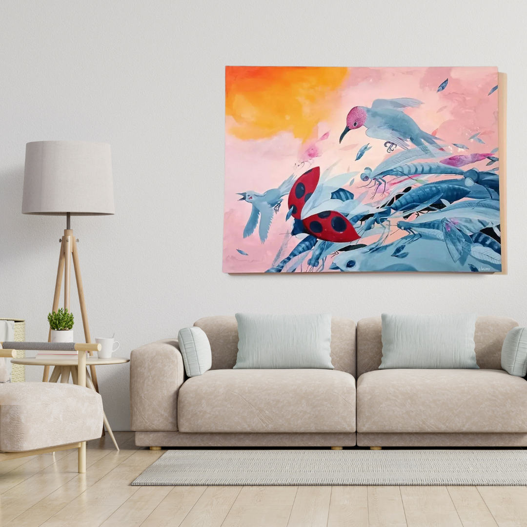 A large pink and blue painting featuring insects and birds hanging on a white wall above a modern living room.