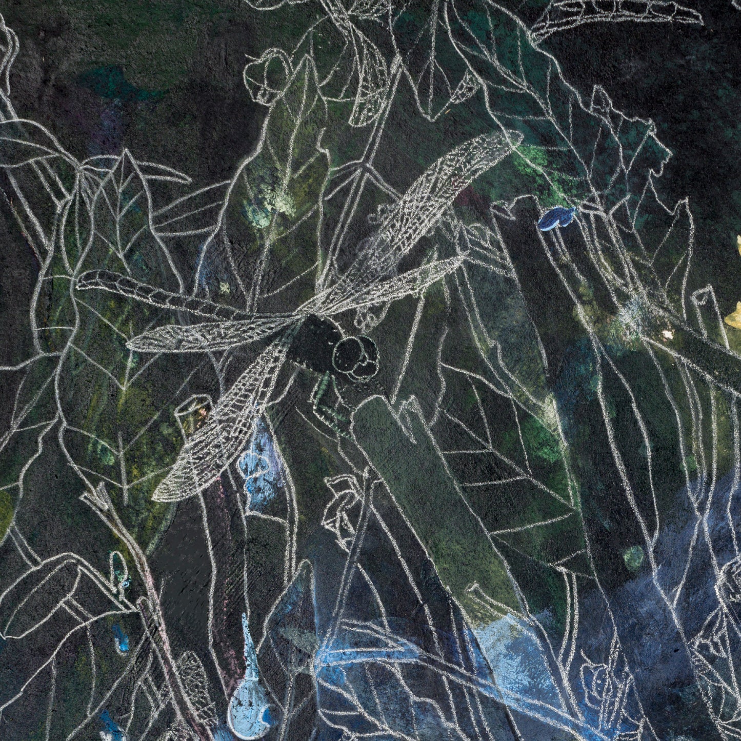 A detail photo of an art print featuring a dragonfly perched on a branch surrounded by detailed green leaves.