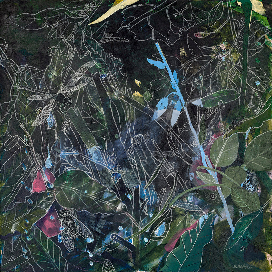 A photo of an art print featuring a forest at night filled with secret animals, green leaves, and dew drops.
