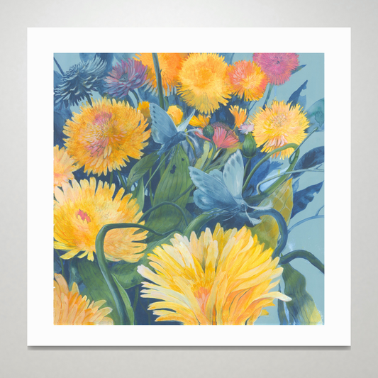 An art print featuring bright blue moths flying through a yellow dandelion forest.