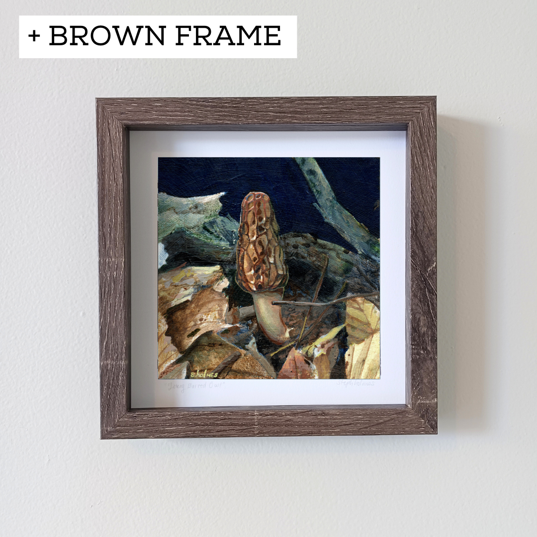 An art print featuring a black morel mushroom in a brown frame on a white wall.