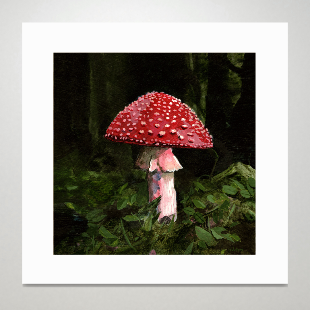 An art print featuring a red and white fly amanita mushroom in a forest.