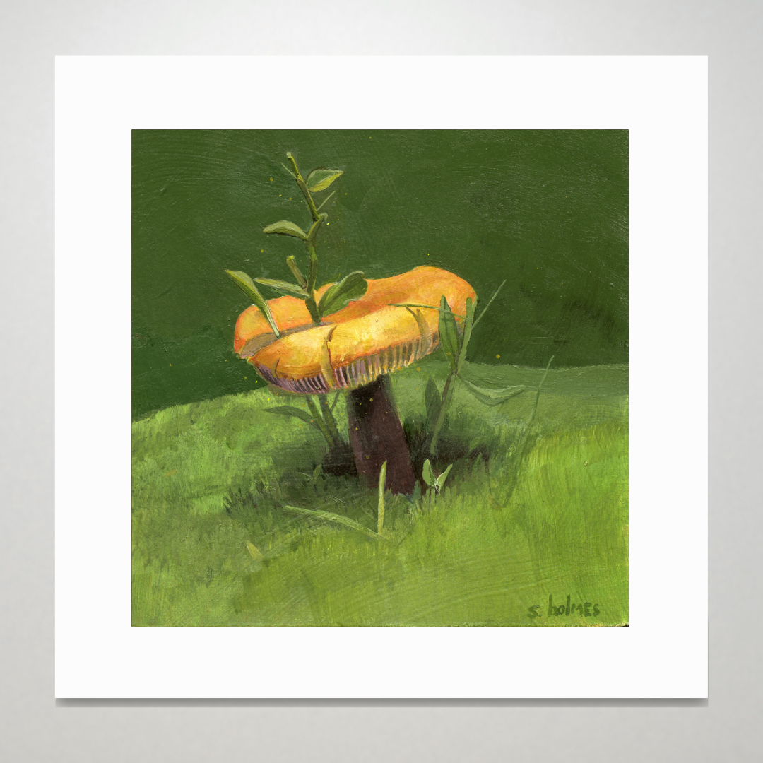 An art print featuring a golden wax cap mushroom in a grass field.