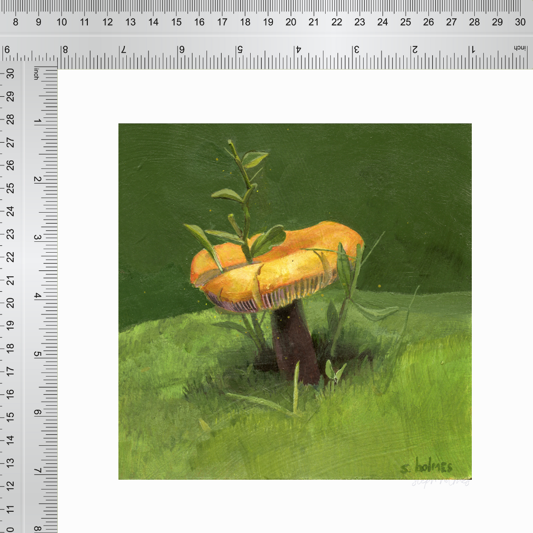 An art print featuring a golden wax cap mushroom in a grass field next to a ruler for measurement.