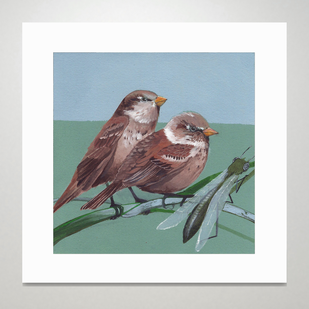 An art print featuring two house sparrows on a blue and green background.