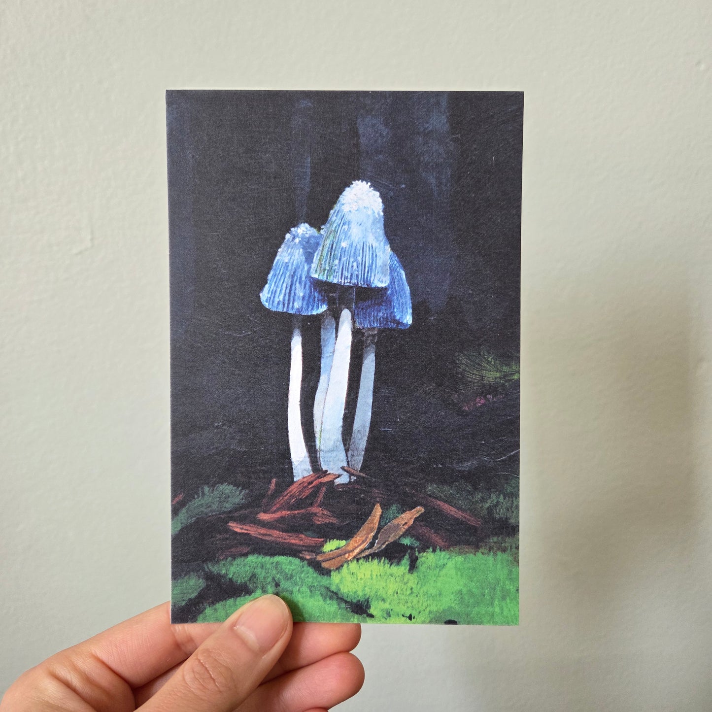 A hand holding an art print postcard featuring a young shaggy mane mushroom.