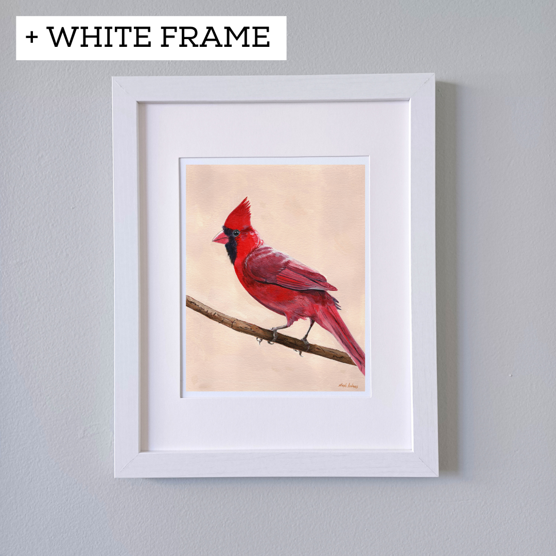 An art print featuring a bright red northern cardinal bird in a white frame on a white wall.
