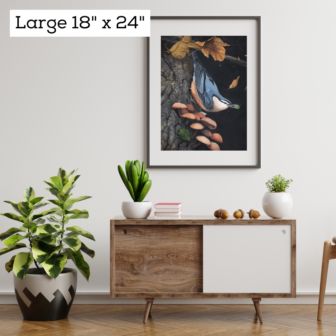 An art print featuring a nuthatch bird sitting on a tree in a black frame in a modern living room.