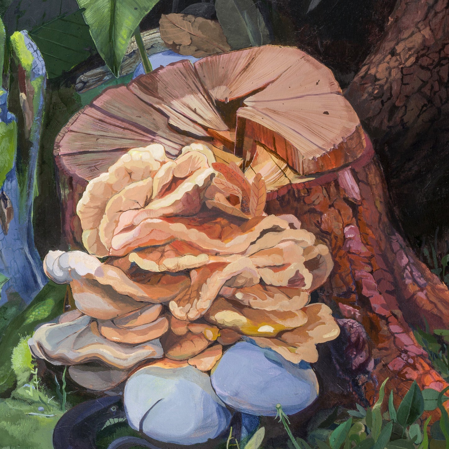 A detail of an art print featuring a forest floor scene with monarch butterflies, mushrooms, and green moss.