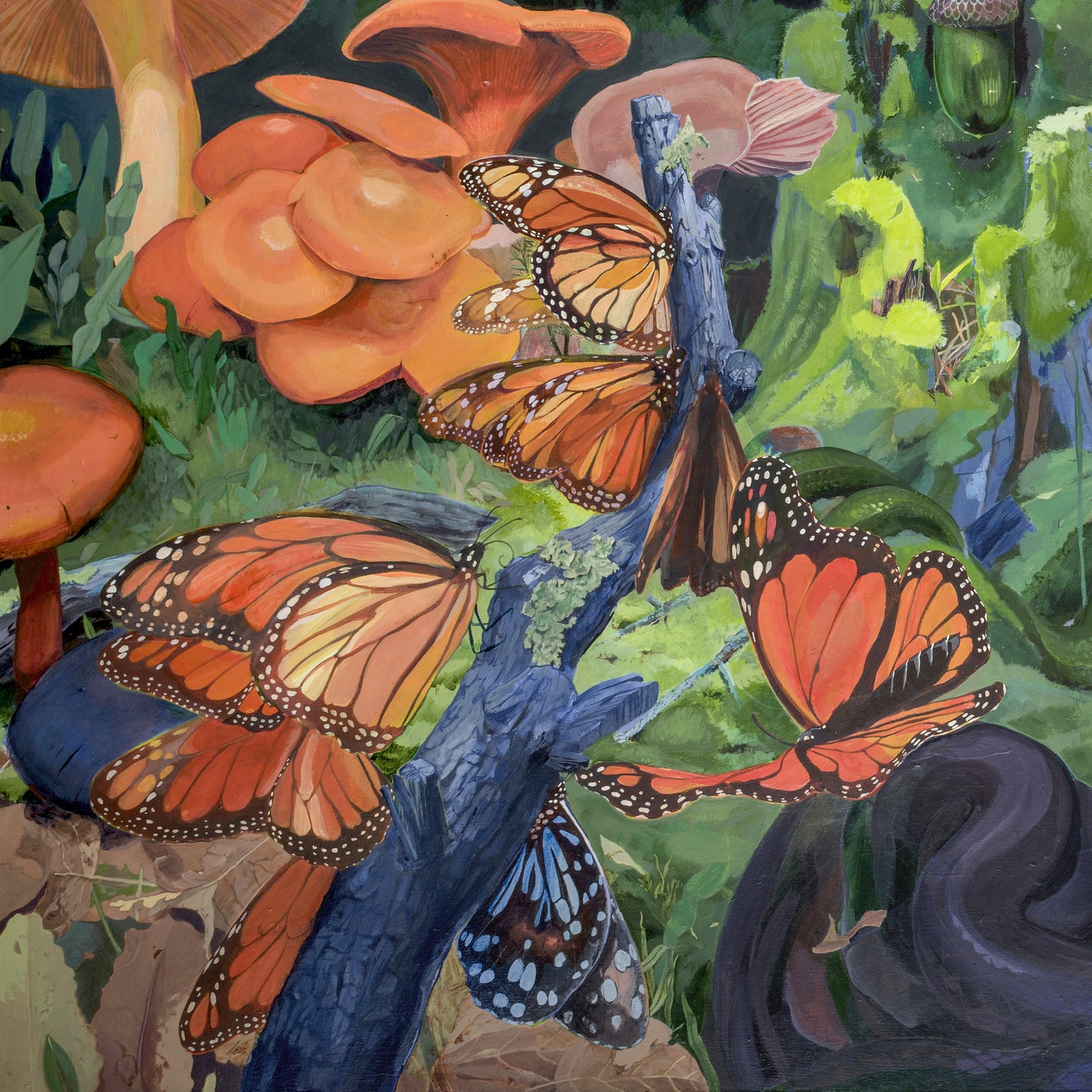 A detail of an art print featuring a forest floor scene with monarch butterflies, mushrooms, and green moss.
