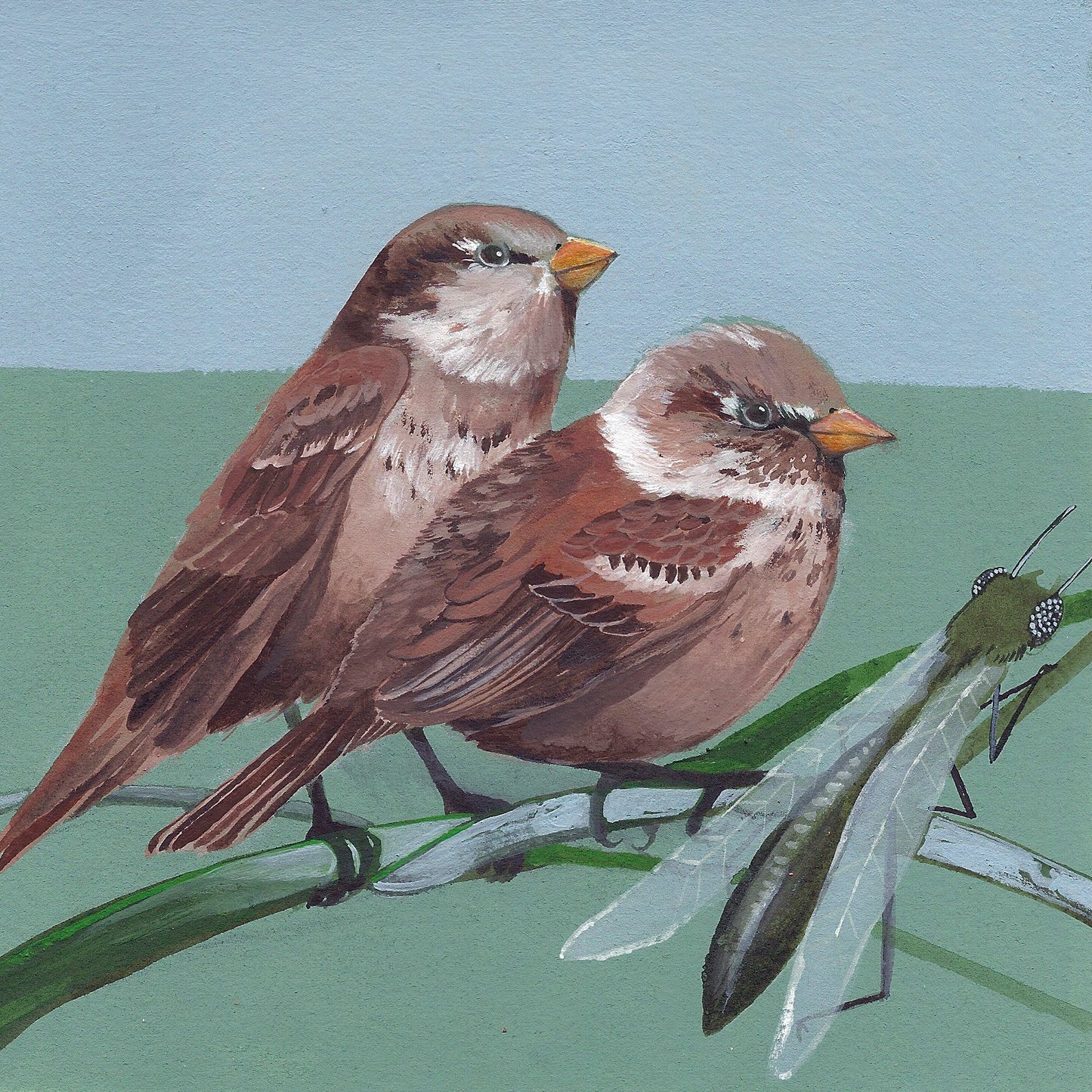 An art print featuring two house sparrows on a blue and green background.