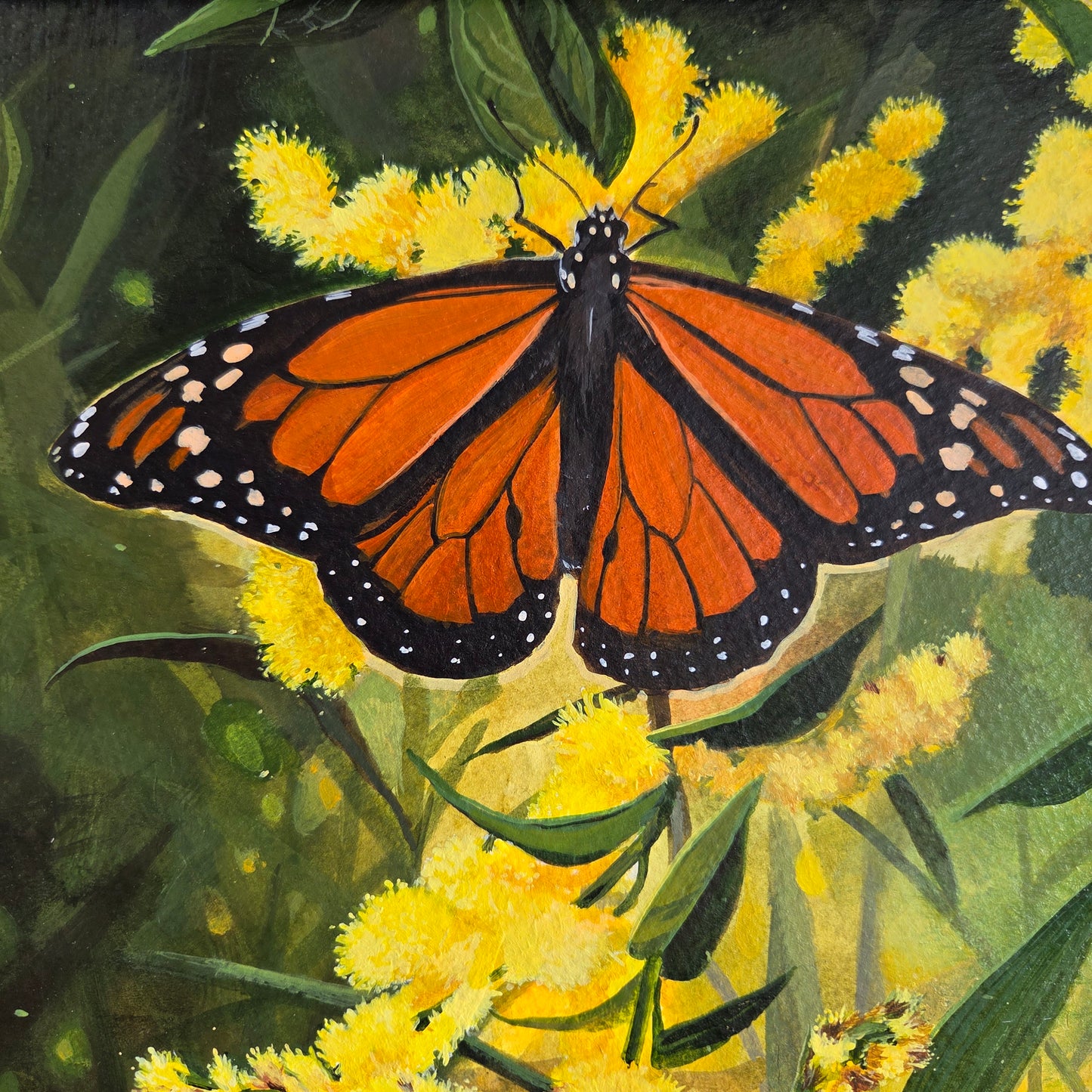 Monarch Butterfly in Goldenrod Fields framed acrylic painting