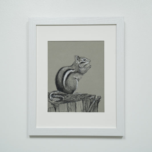 Chipmunk on Stump original charcoal drawing
