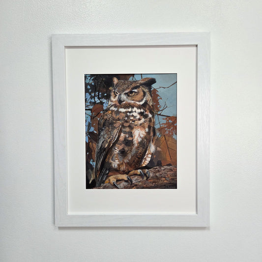 December in Great Horned Owl’s Tree framed acrylic painting