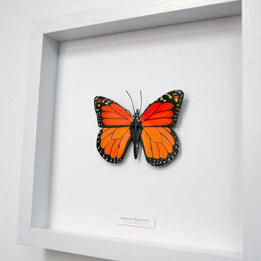 A framed butterfly wall art piece featuring a mounted monarch butterfly with bright orange, red, black, and white patterned wings inside a white shadow box frame.