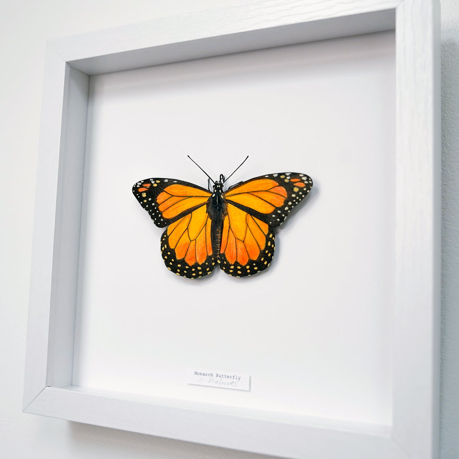A framed mounted monarch butterfly sculpture on a white background, displayed in a white shadow box frame with a small label at the bottom.