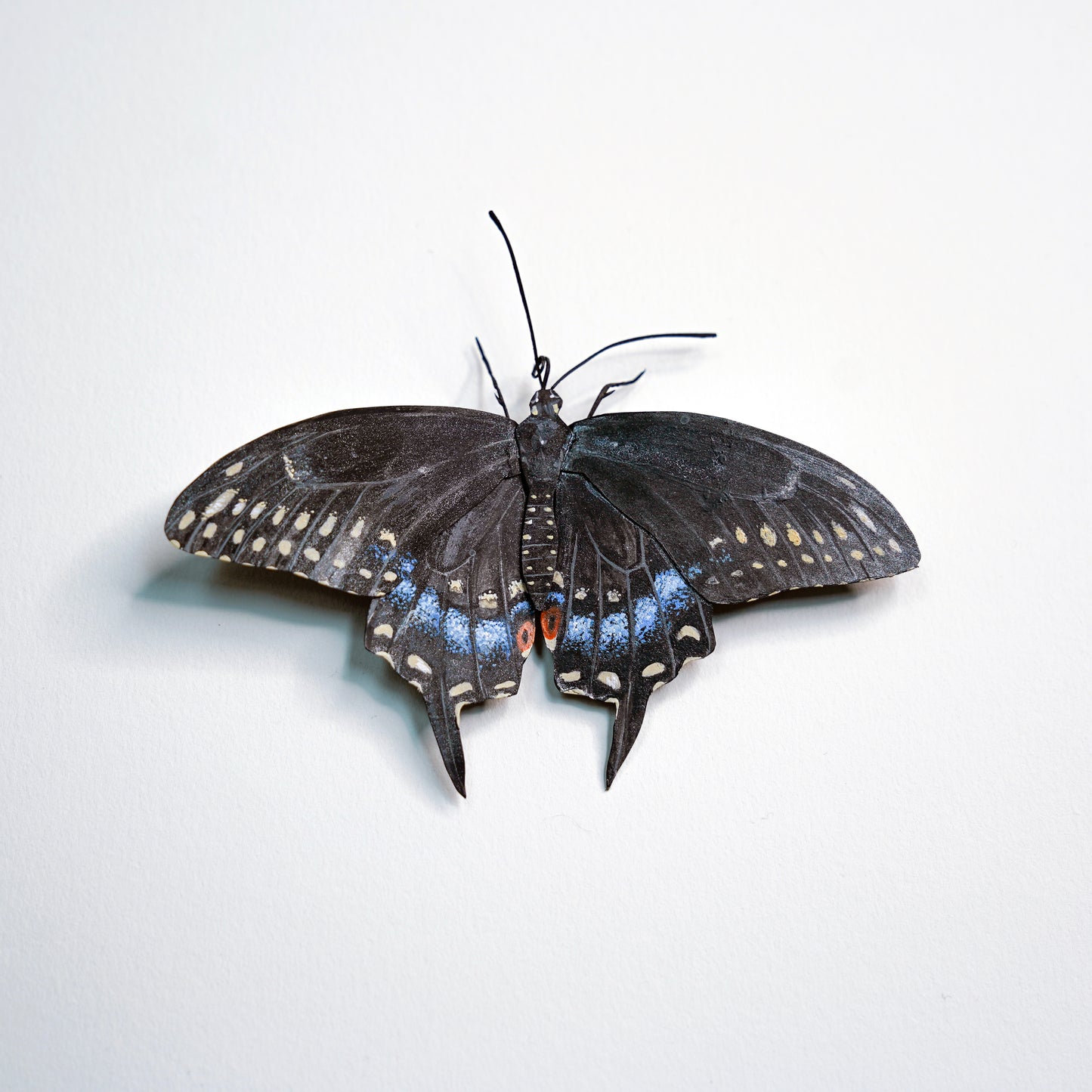 A butterfly art sculpture, likely a swallowtail butterfly, with dark wings and vibrant blue patches on the hindwings, mounted against a plain white background.