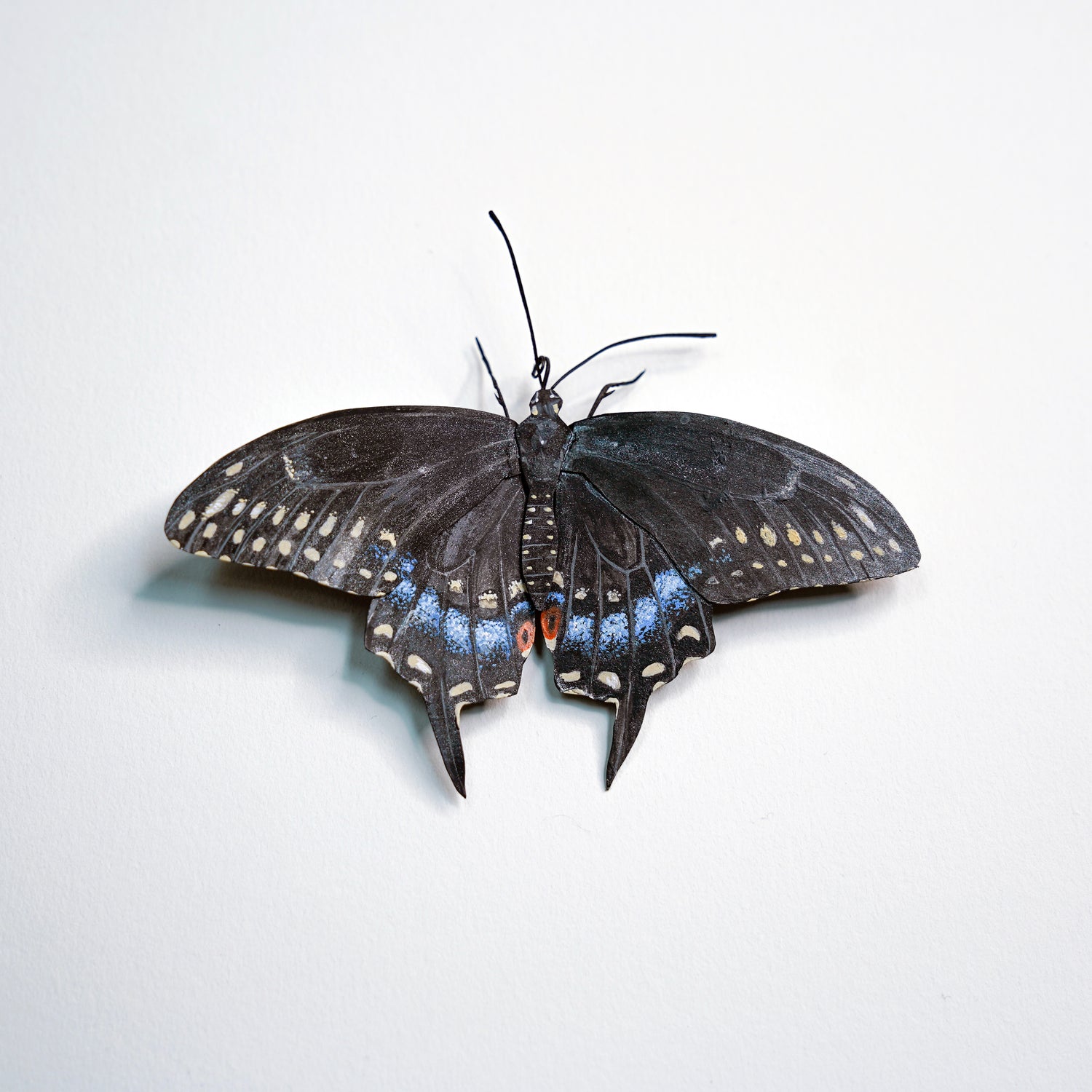 A butterfly art sculpture, likely a swallowtail butterfly, with dark wings and vibrant blue patches on the hindwings, mounted against a plain white background.