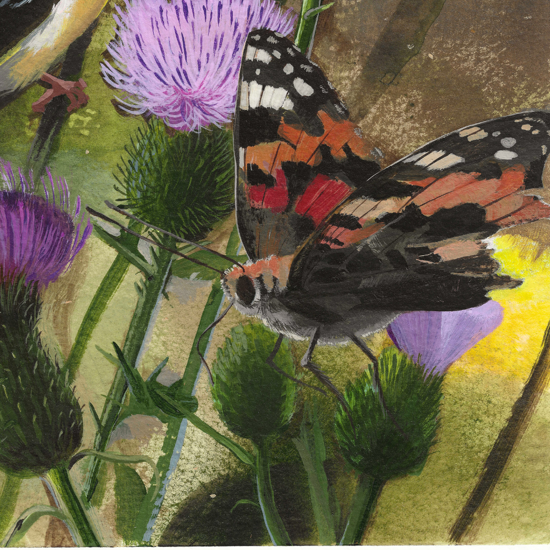 A close-up painted scene of a butterfly with black, orange, red, and white wings perched on green thistle flowers and purple blooms against a textured beige and olive background.