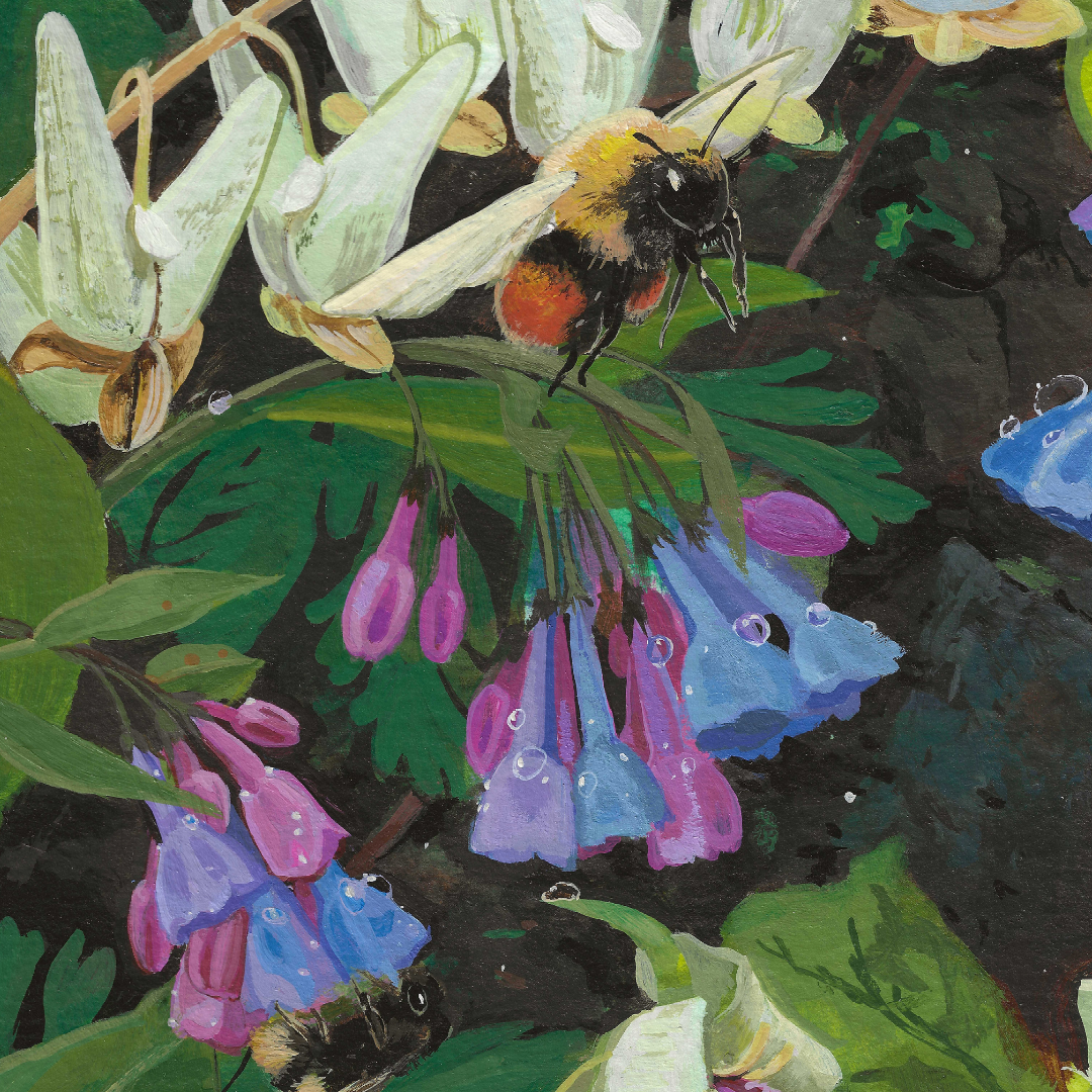 A close-up painted floral scene showing blue and pink flowers, green leaves, and two bees among the blossoms.