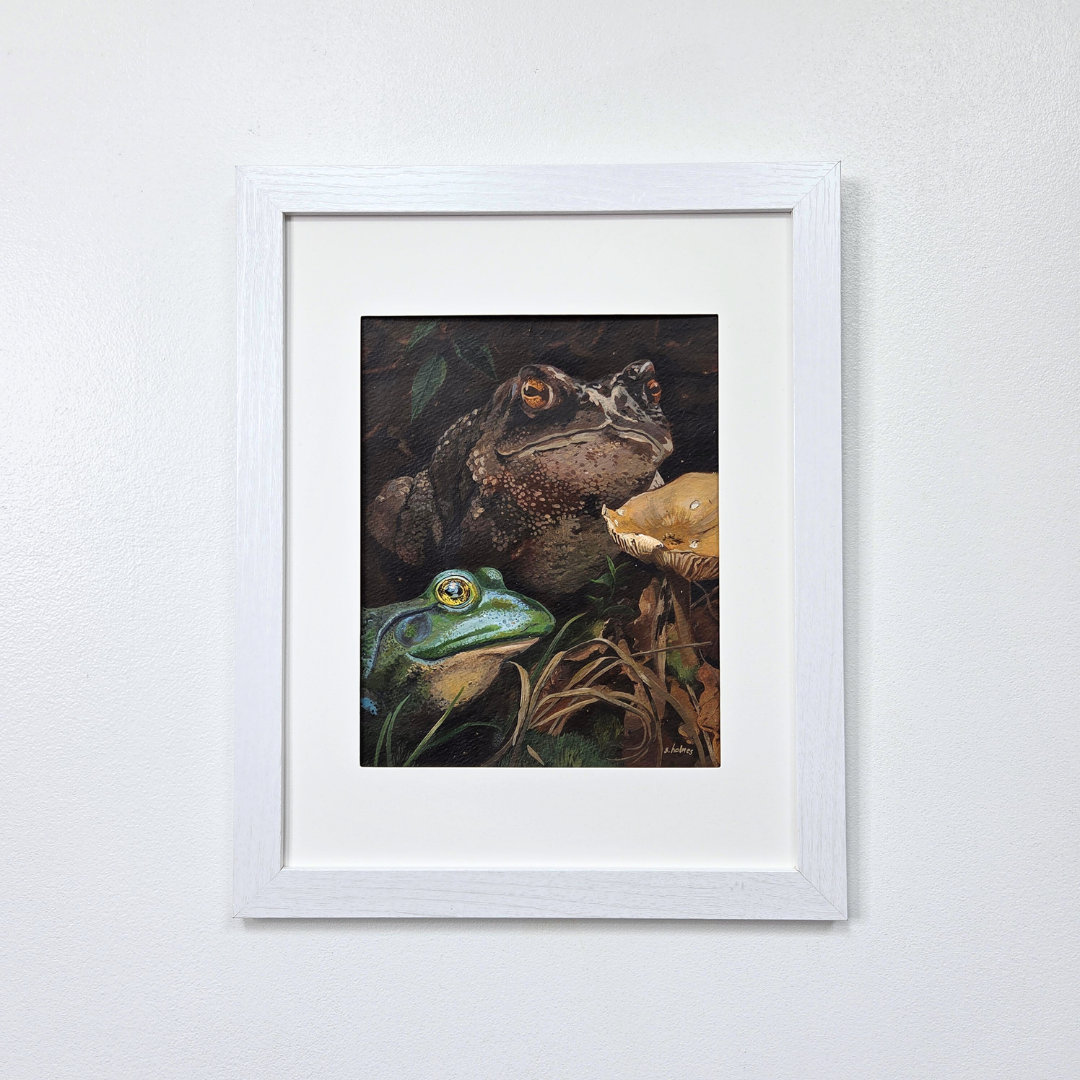 Framed artwork of two frogs on a white wall