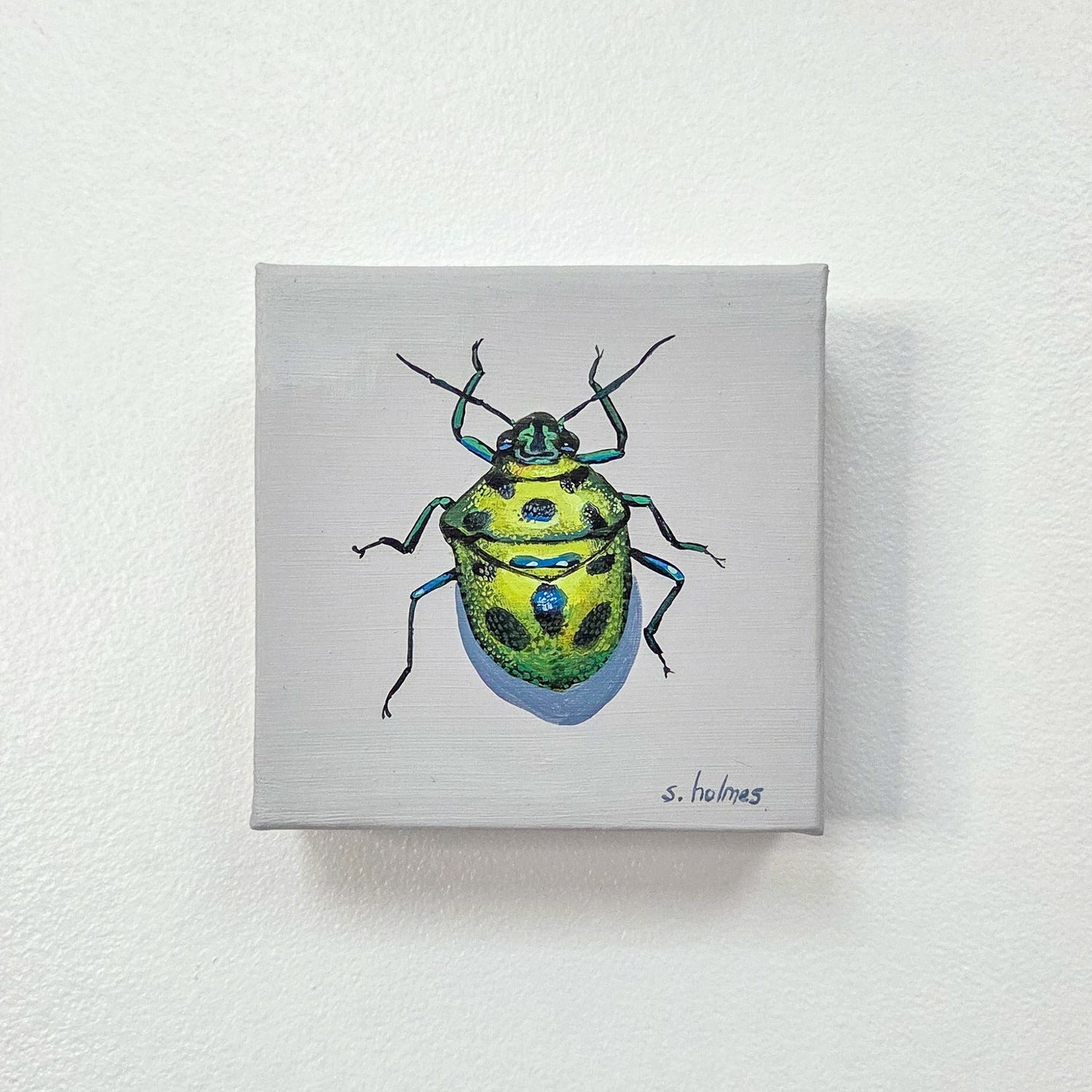 A small square canvas painting of a green and yellow spotted beetle, mounted on a light gray wall.