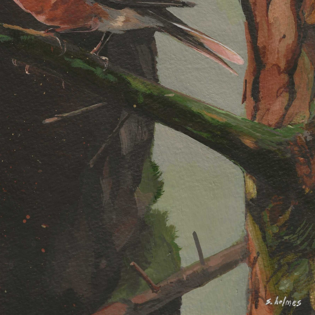 Artistic depiction of a bird on a branch with a blurred natural background