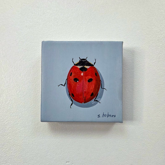 A square canvas painting of a red ladybug with black spots on a light blue-gray background, mounted on a textured off-white wall.