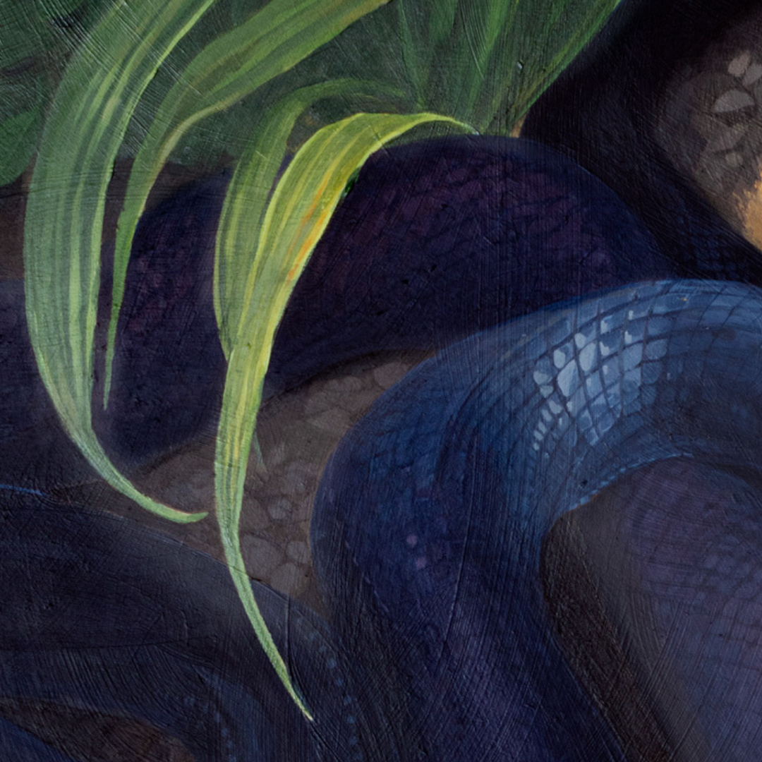 A photo of the details of a painting of grass over a purple snake.