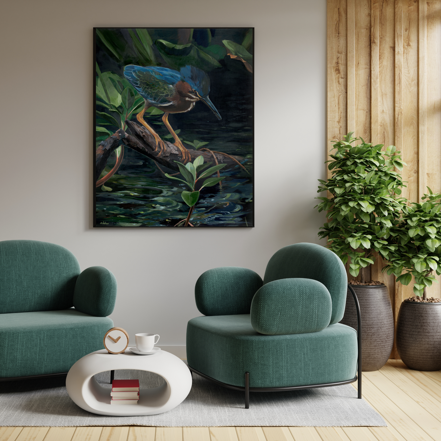 A framed vertical canvas print of a green heron standing in dark water among green leaves, displayed on a light gray wall in a modern living room setting with two teal armchairs and a white coffee table.