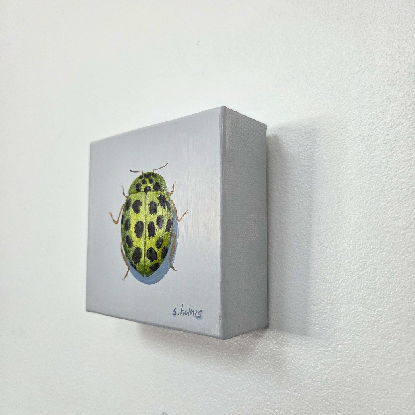 A square wall-mounted canvas painting featuring a green ladybug with black spots on a light gray background, signed 's. helmus' at the bottom right.