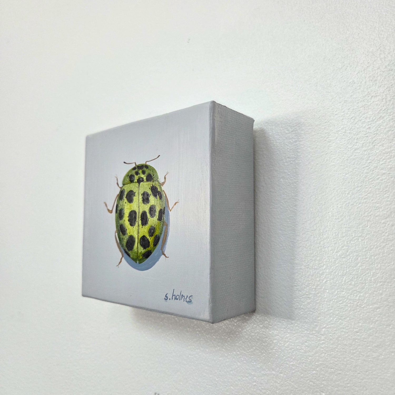 A square wall-mounted canvas painting featuring a green ladybug with black spots on a light gray background, signed 's. helmus' at the bottom right.