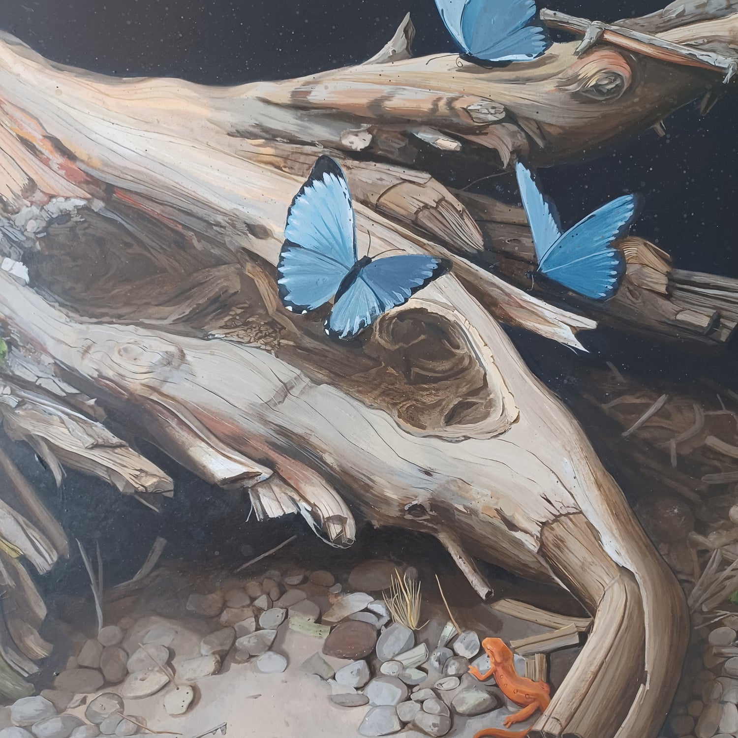 An acrylic painting by Steph Holmes featuring butterflies and a fallen tree.