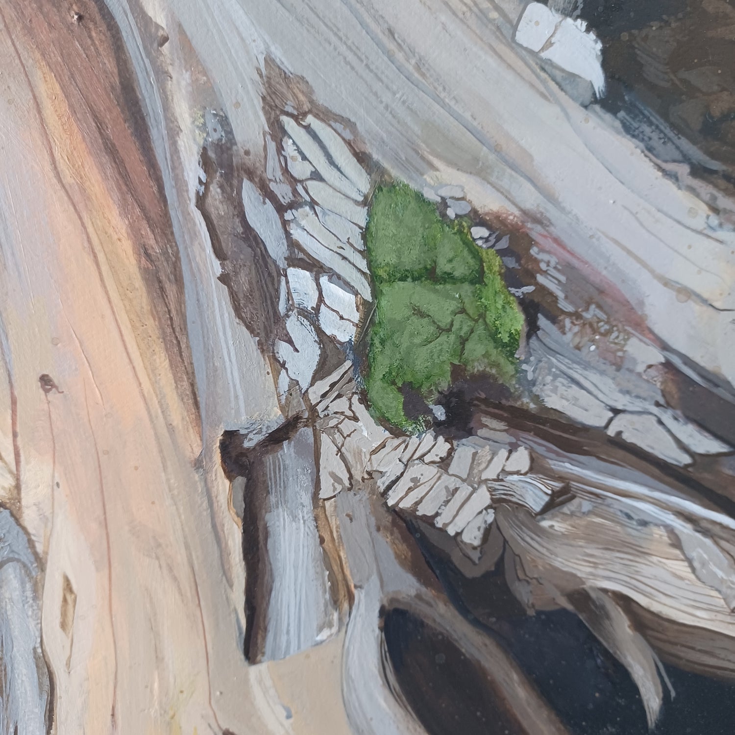 An acrylic painting by Steph Holmes featuring butterflies and a fallen tree.