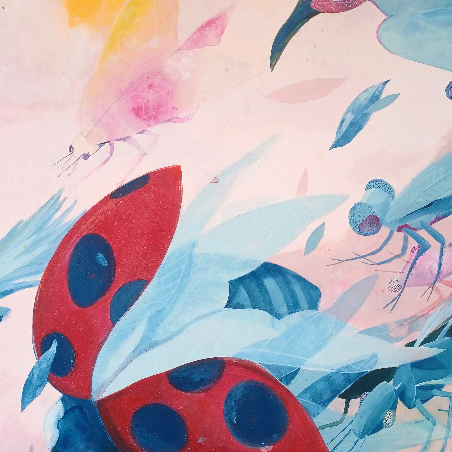 A close up of a painting featuring a ladybug and several other candy colored insects flying across a pink background.