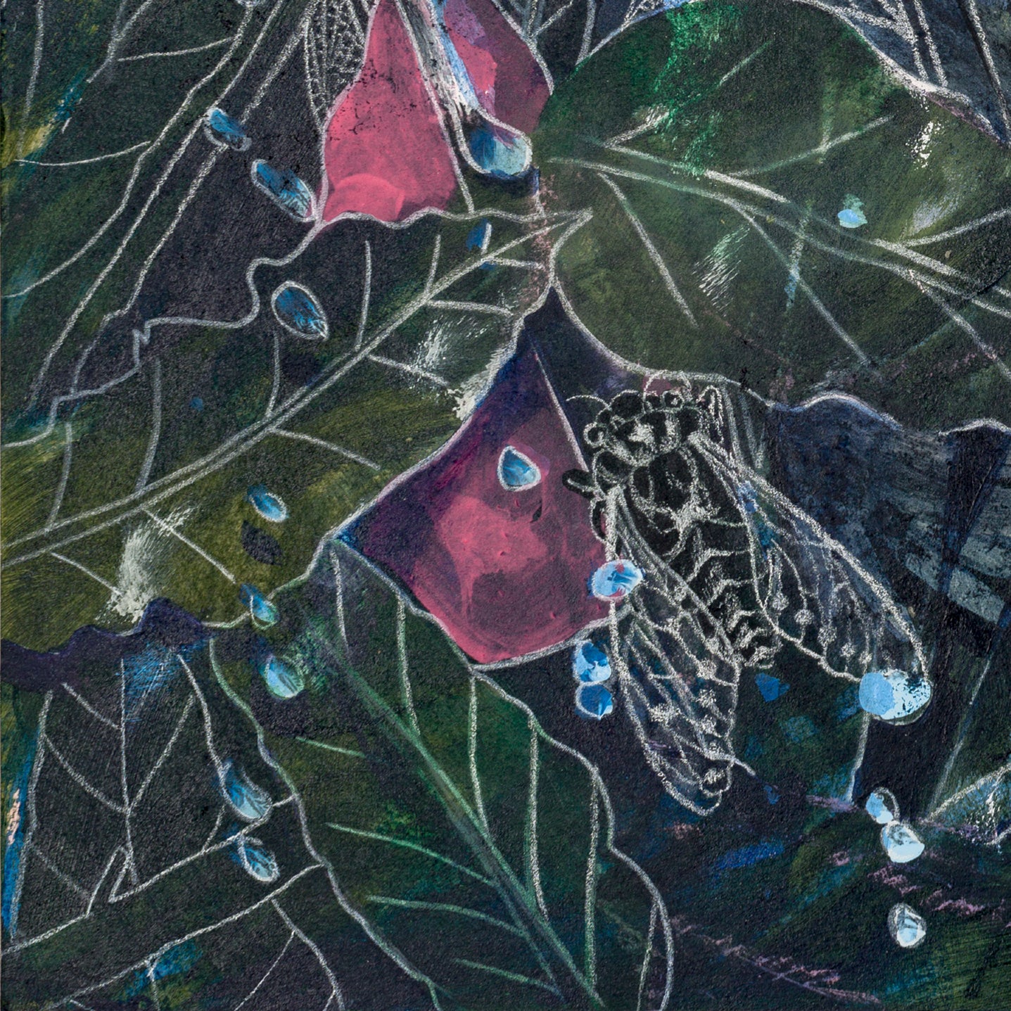 A detail photo of an art print featuring a cicada sitting on a branch, a pink fruit, green leaves, and blue dew drops.