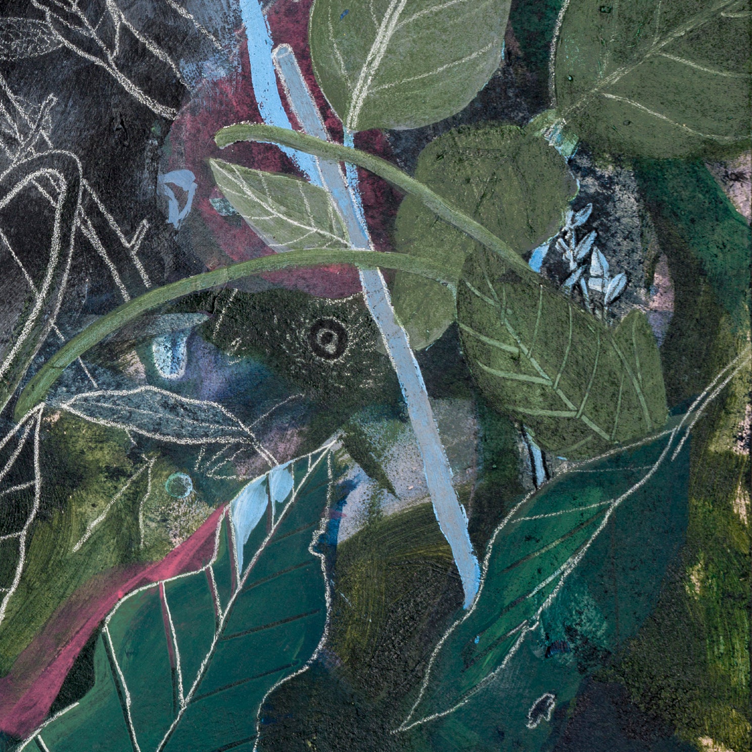 A detail of an art print featuring green leaves, a blue stick, and the eye of a bird peering through the foliage. 
