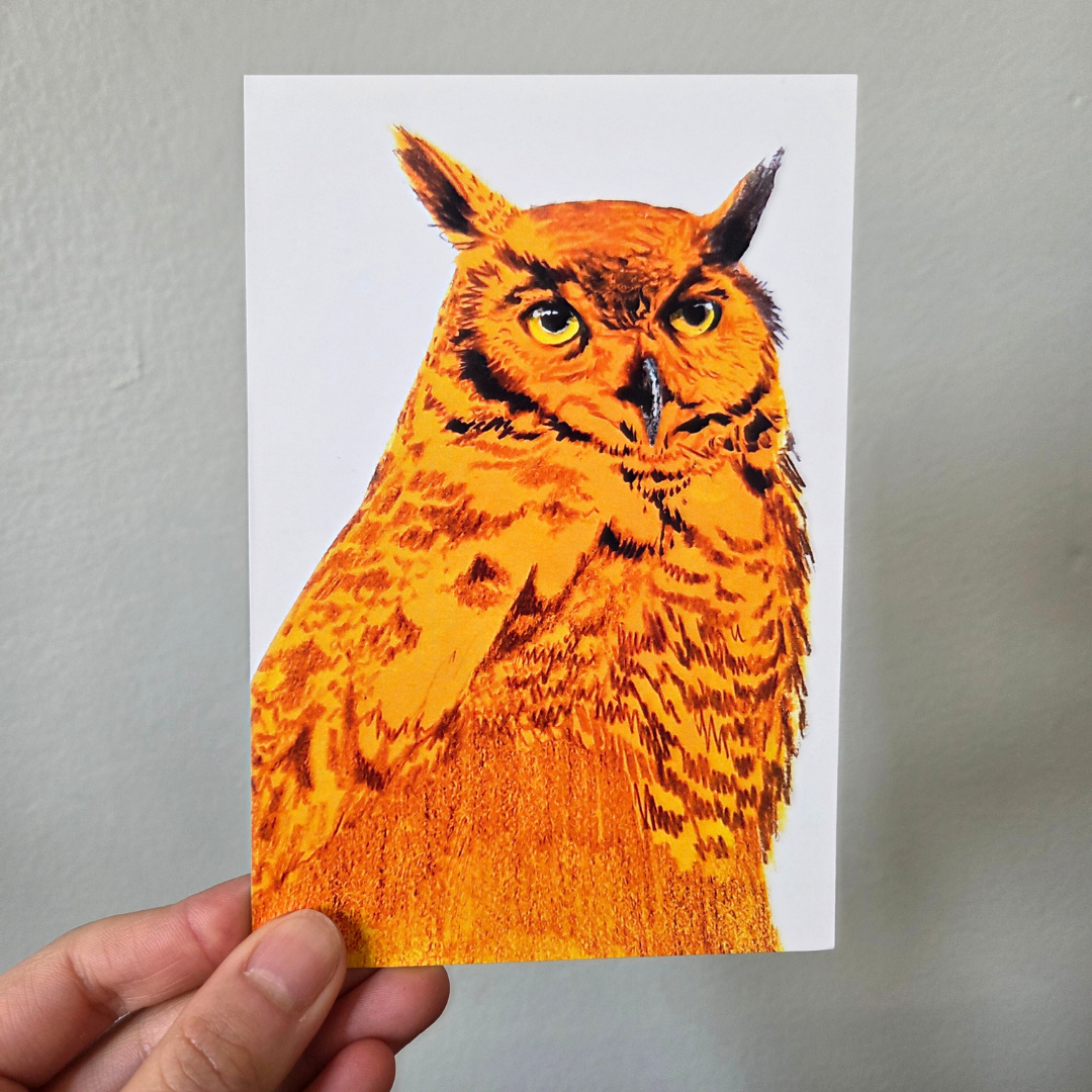 A hand holding an art print postcard featuring an orange great horned owl.