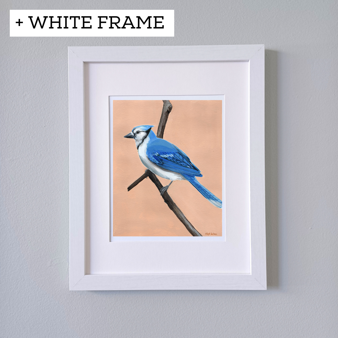 An art print featuring a bright Blue Jay bird in a white frame in front of a white wall.