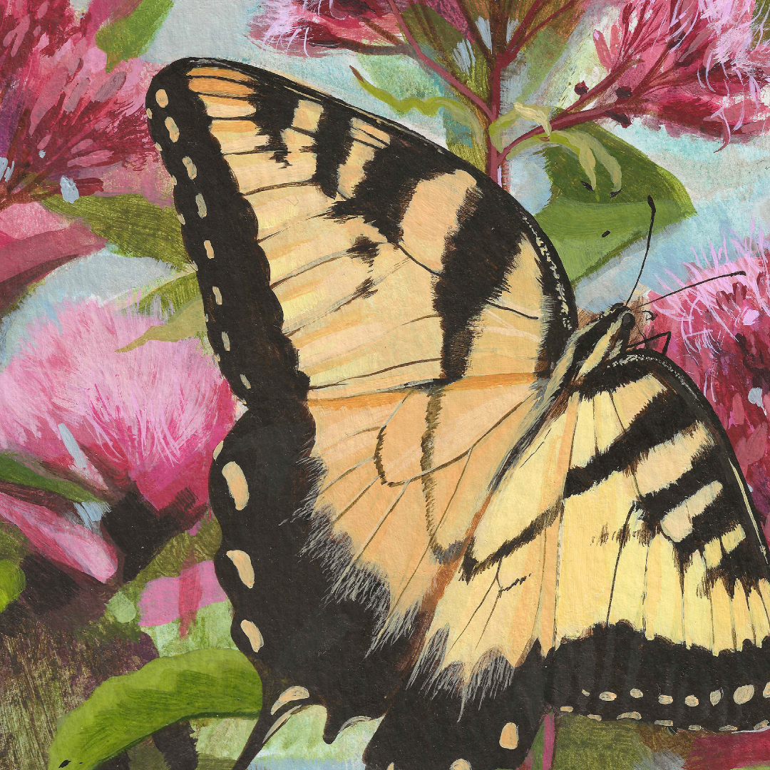 A close-up artistic depiction of a yellow and black tiger swallowtail butterfly perched among pink flowers with green leaves, rendered in a painterly, textured style.