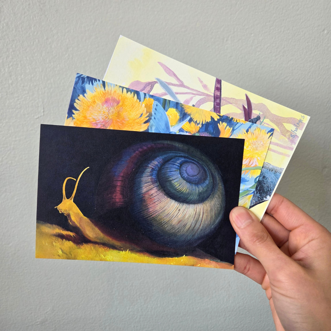 A hand holding three art print postcards featuring a purple snail.