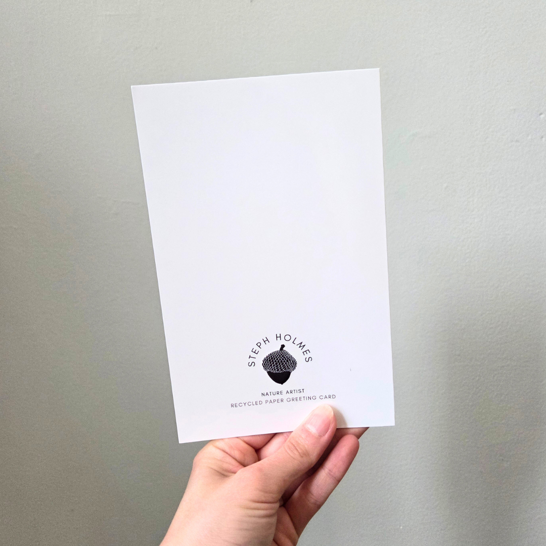 A hand holding the back of a greeting card.