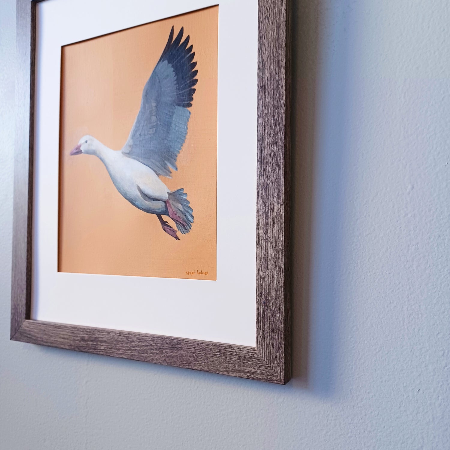 A photograph of a snow goose painting shot from an angle, highlighting the brown wooden frame.