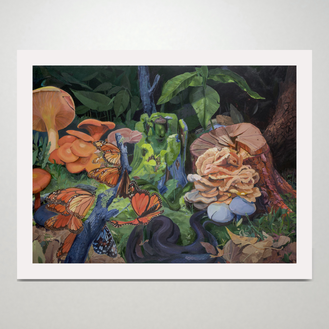 An art print featuring a forest floor scene with monarch butterflies, mushrooms, and green moss.